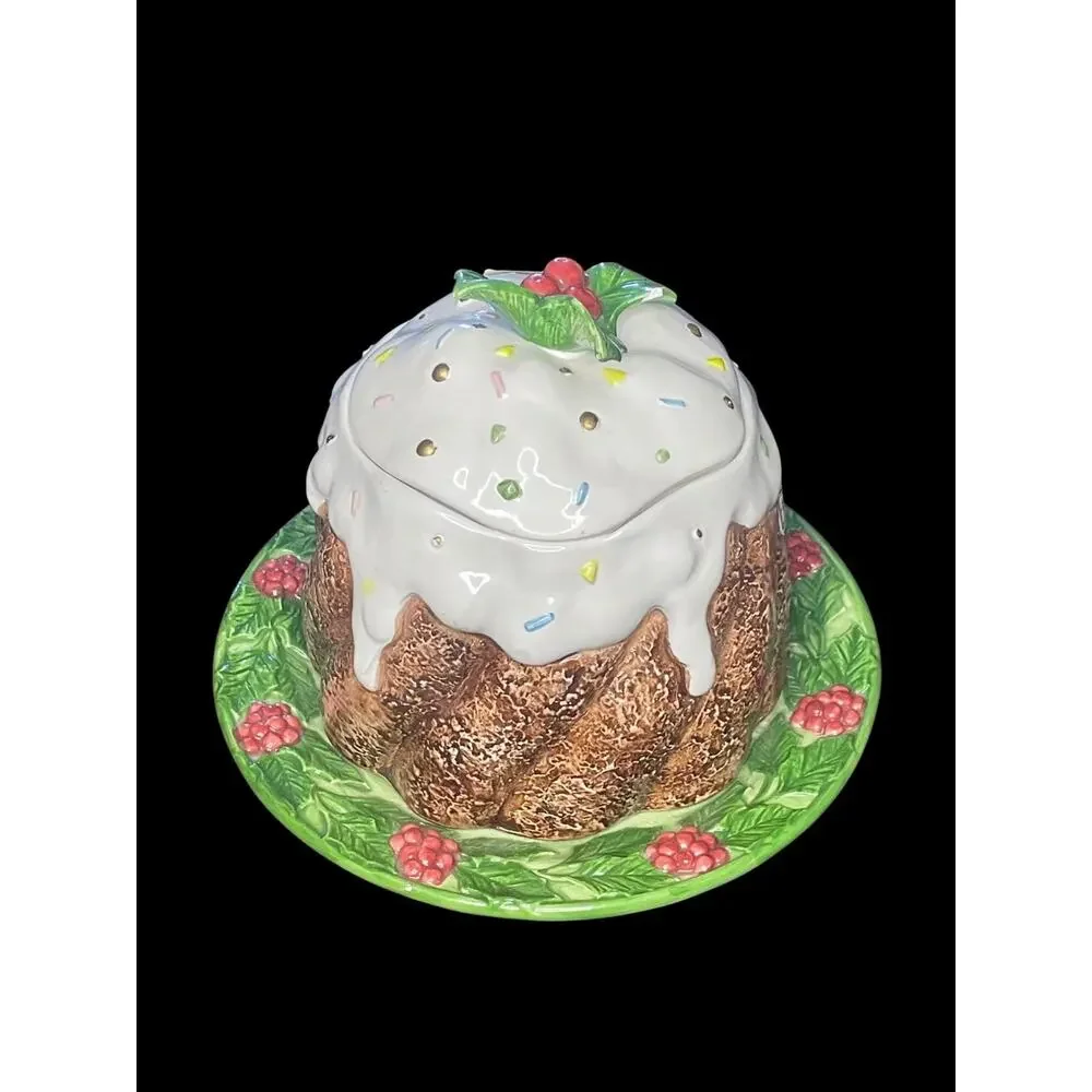 1993 Fitz & Floyd Hand Painted Plum Pudding Holly Leaves Christmas Cookie Jar